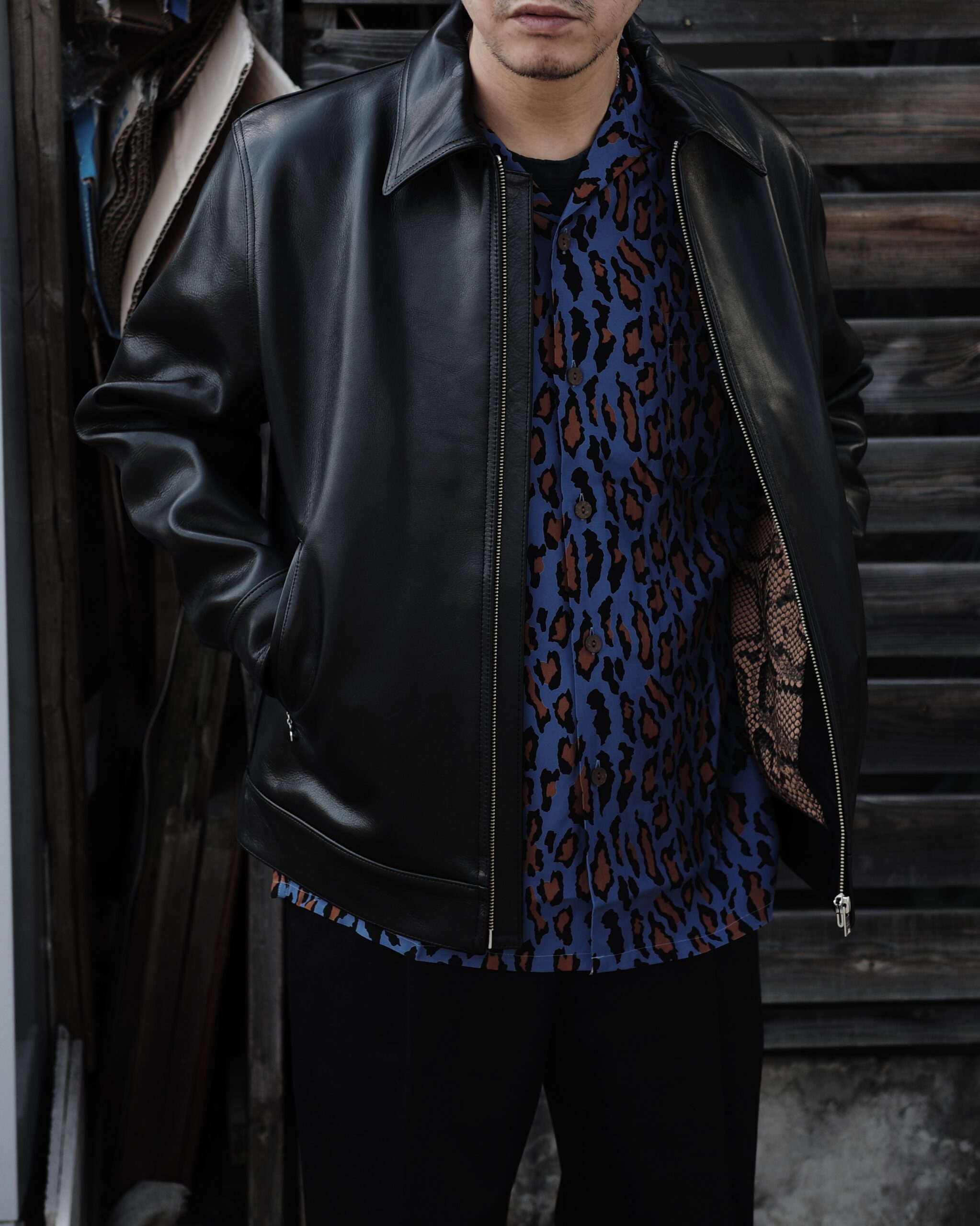 WACKO MARIA】SINGLE RIDERS LEATHER JACKET・PYTHON OPEN COLLAR 