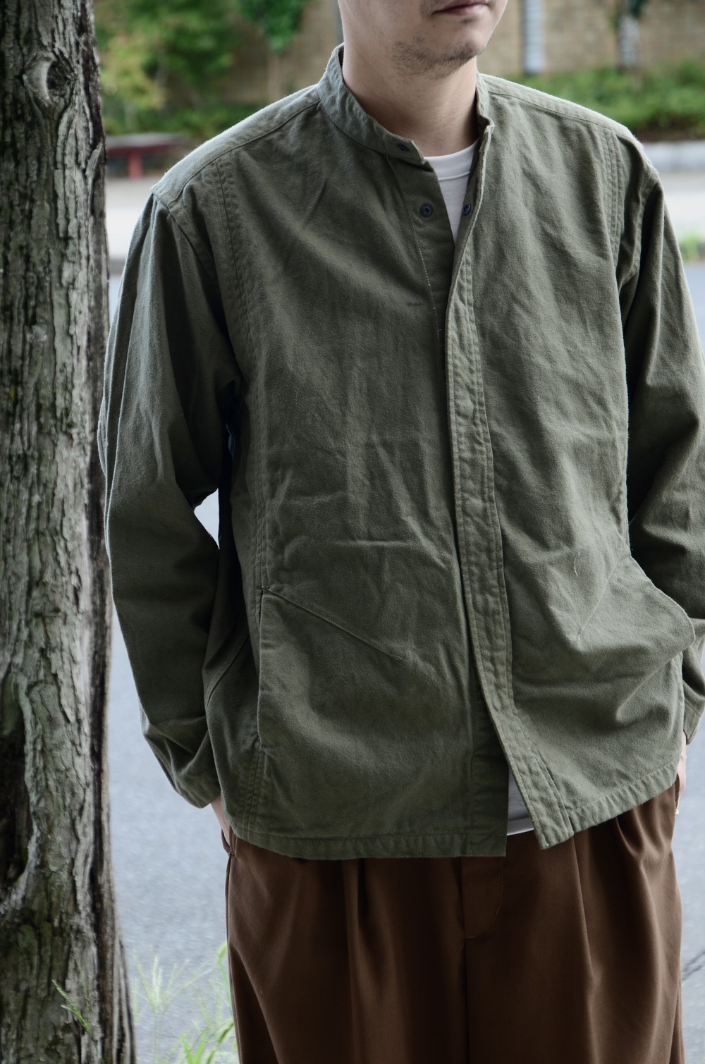 nonnative OFFICER STAND COLLAR SHIRT COTTON MILITARY FLANNEL OVERDYED