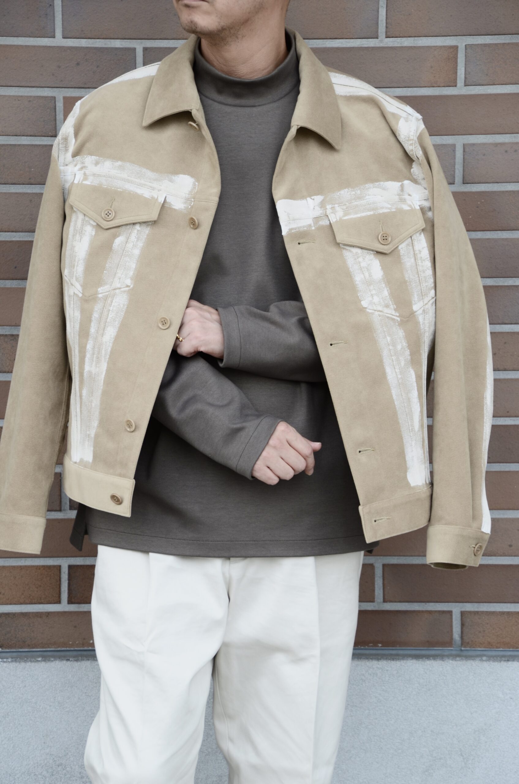 WEWILL ウィーウィル BRUSH PAINTED TRUCKER JACKET S.Beige Gジャン フェイクスエード b