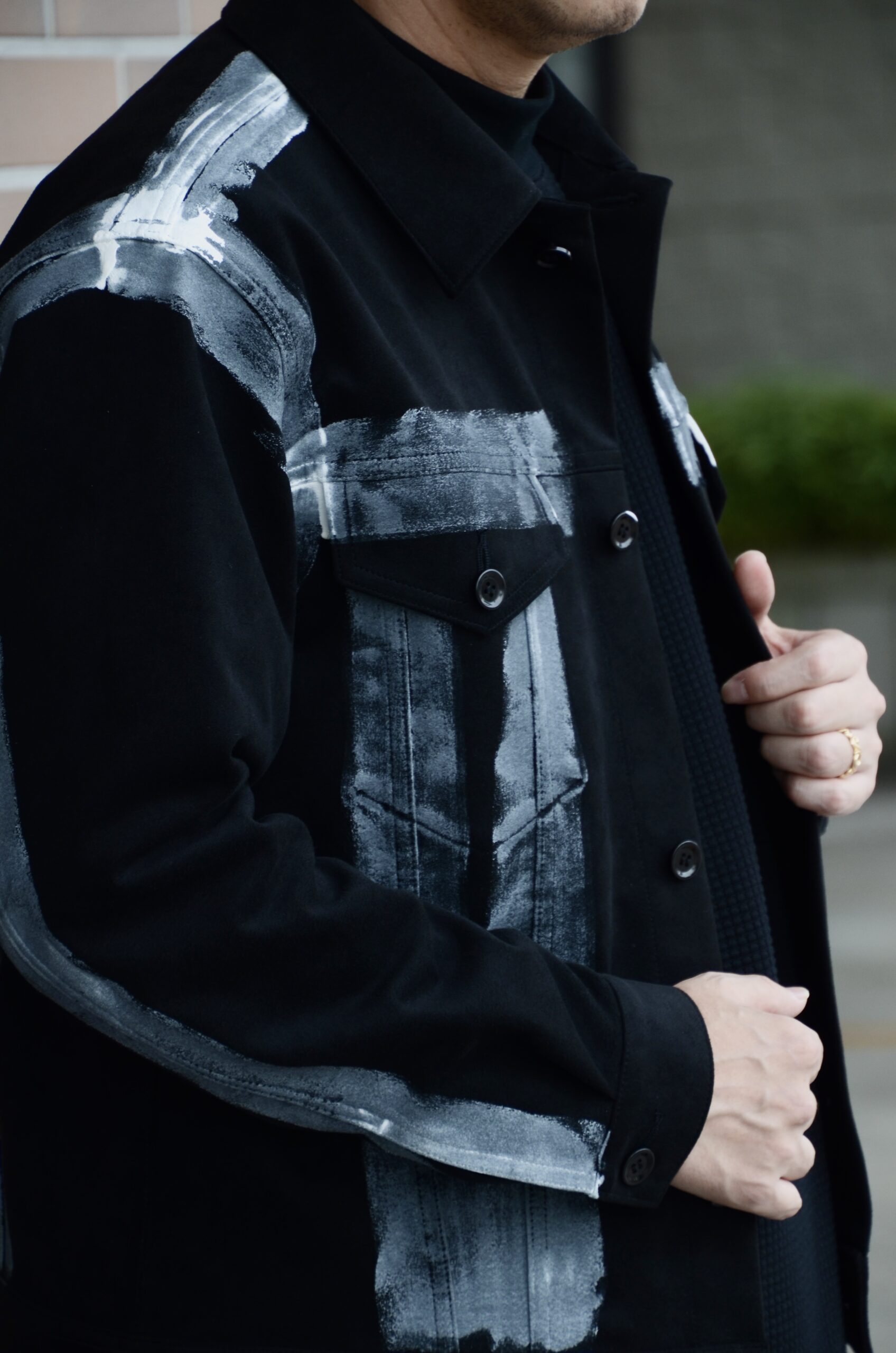 WEWILL ウィーウィル BRUSH PAINTED TRUCKER JACKET Black Gジャン フェイクスエード c