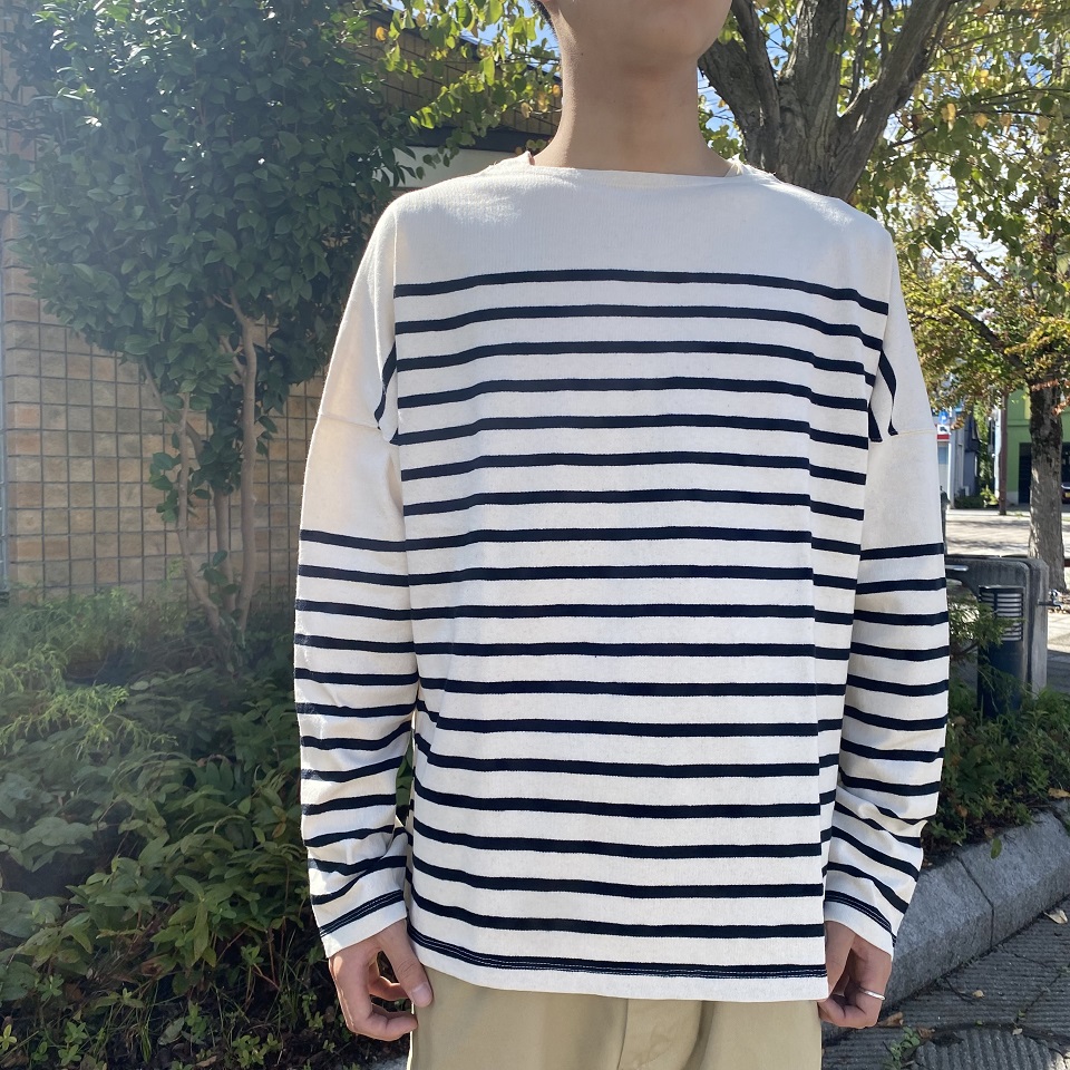 nonnative DWELLER BOAT NECK LS TEE COTTON JERSEY BORDER BLACK WHITE