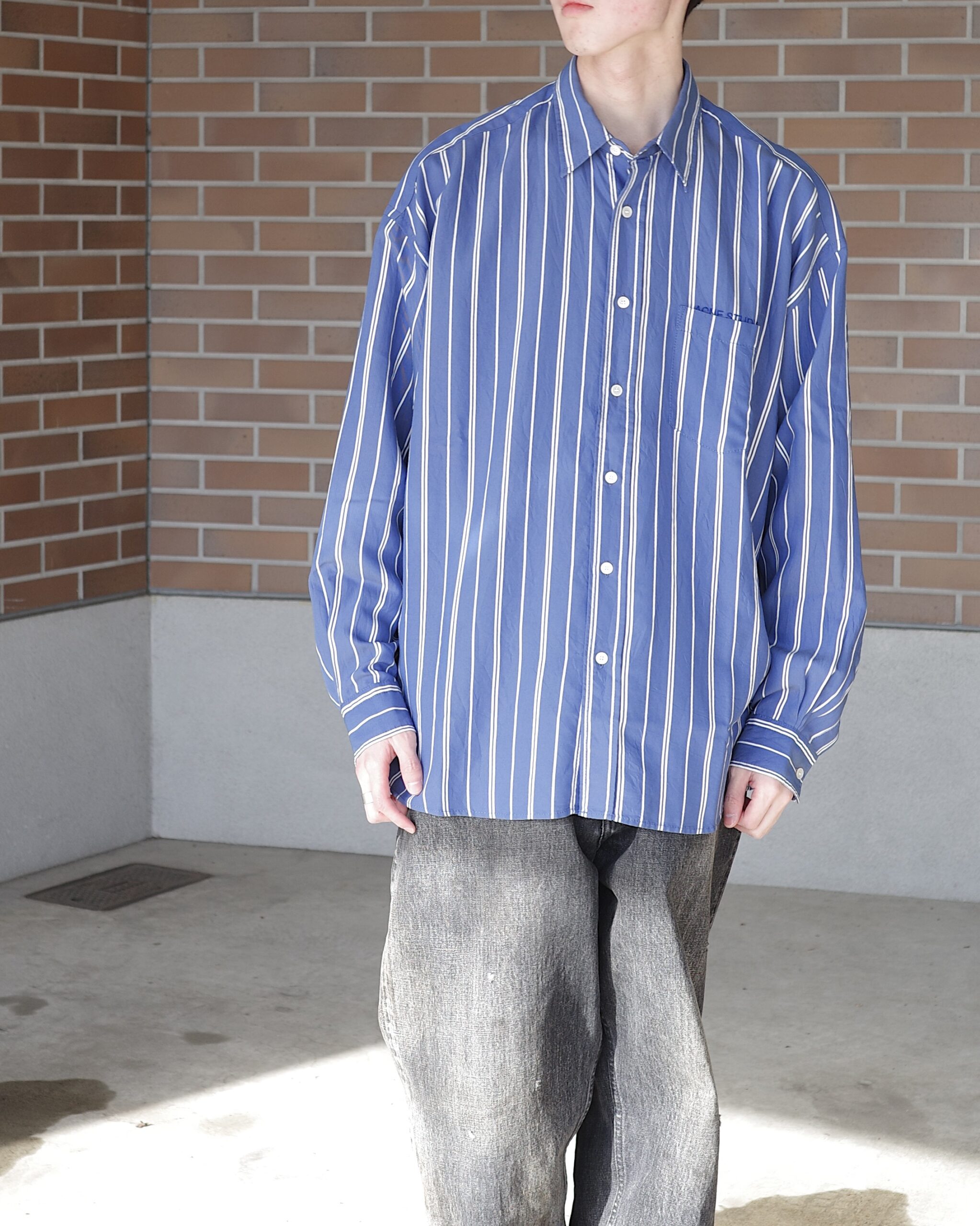 【専用】アクネ ストゥディオズ リネン ブラウス ストライプ シャツ Acne Studios - ストライプボタンアップシャツ - グレー/マルチ