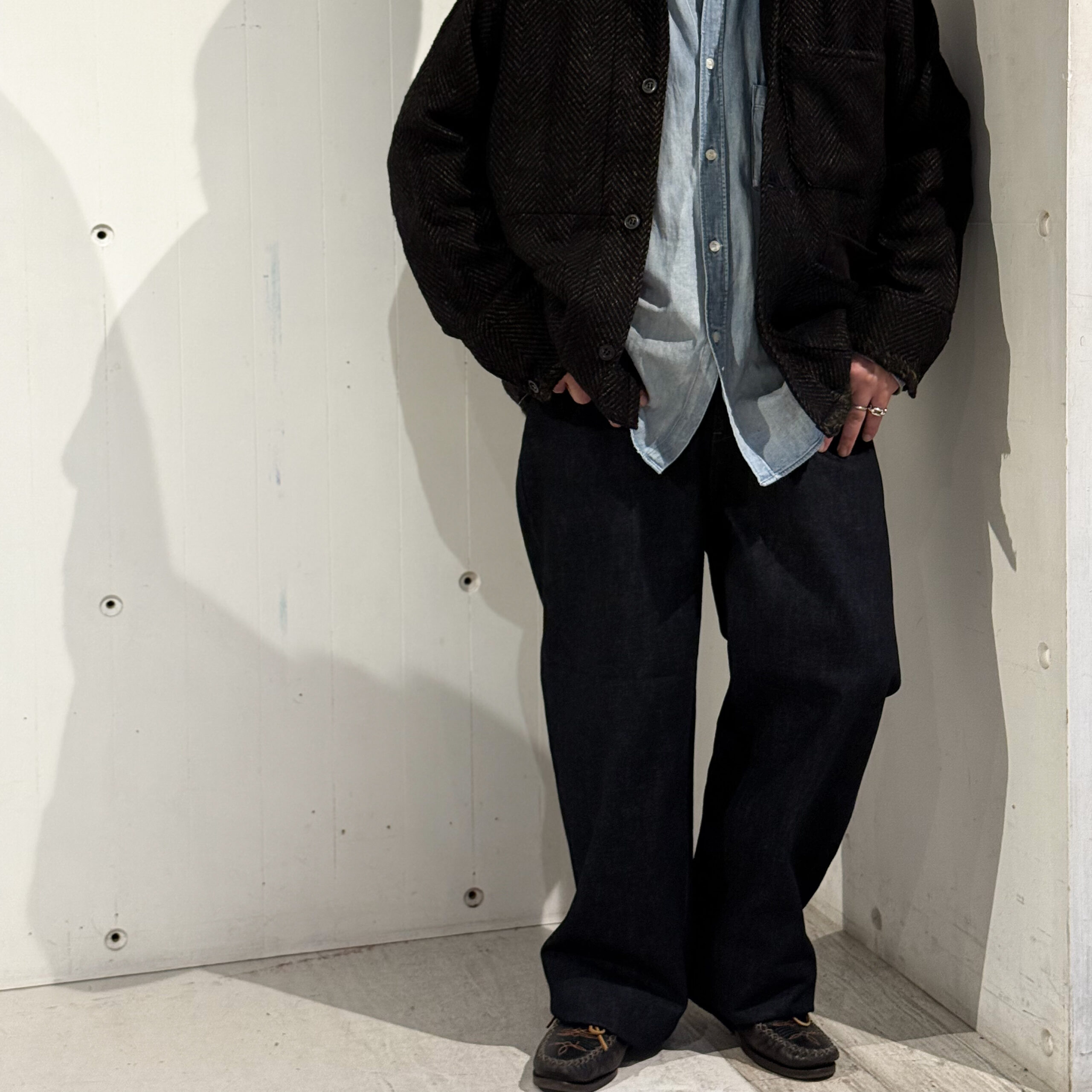 ANCELLM】DAMAGE WOOL HERRINGBONE COVER ALL ＆ ＃01 ONE WASH DENIM