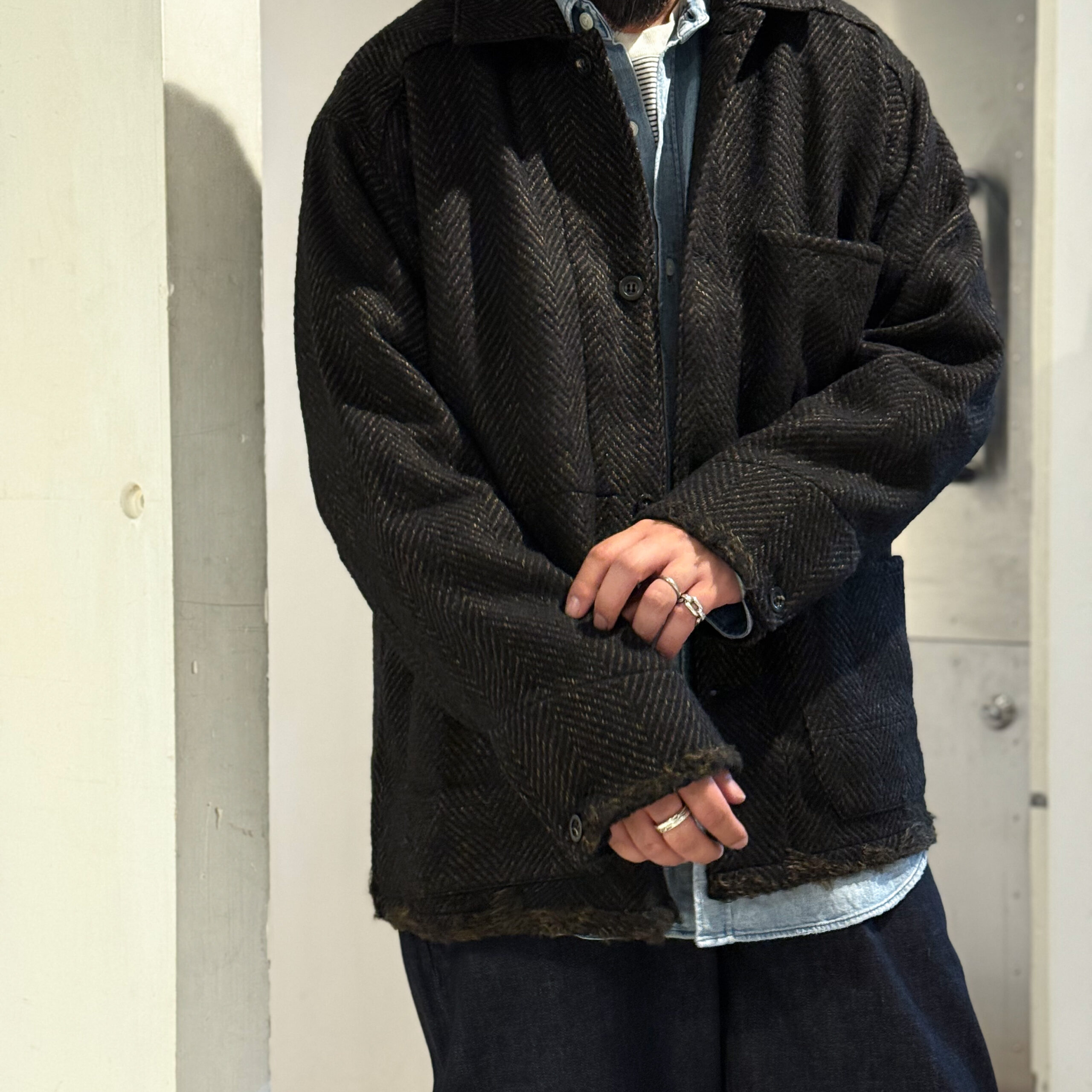 ANCELLM】DAMAGE WOOL HERRINGBONE COVER ALL ＆ ＃01 ONE WASH DENIM