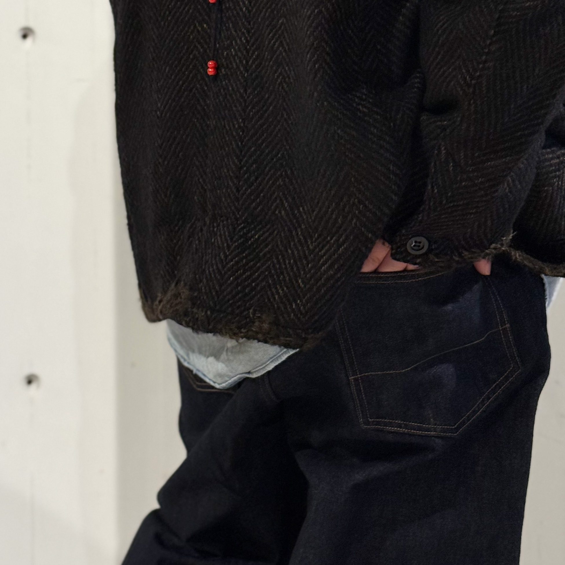 ANCELLM】DAMAGE WOOL HERRINGBONE COVER ALL ＆ ＃01 ONE WASH DENIM 